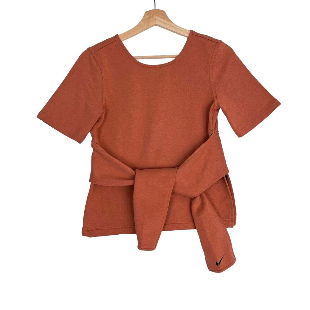 Nike Studio Yoga Wrap Top Sz XS Dusty Orange Short Sleeve Tie Front Dri Fit Slit